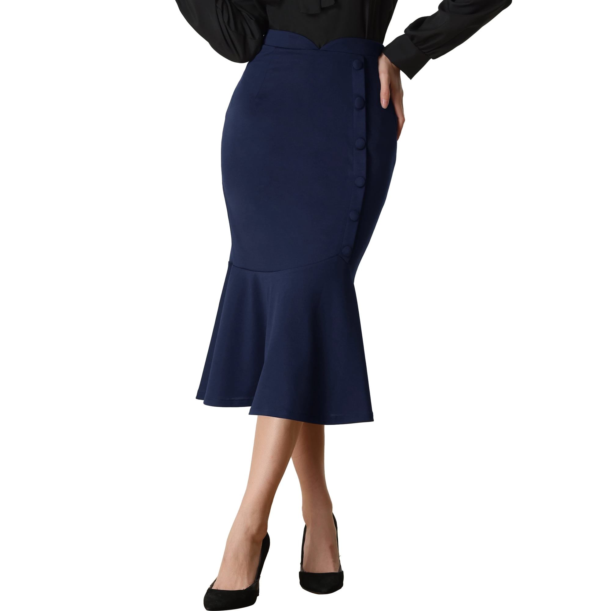 High Waist Elegant Button Decor Stretch Mermaid Midi Skirt Navy L