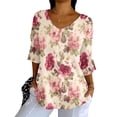 thumbnail image 4 of Tittly Graphic Tees for Women, 3/4 Sleeve Shirts for Women Dressy Tunic Tops Casual Wear with Floral, V Neck Tops for Women, Fashion Clothing for Women Pink XL, 4 of 5