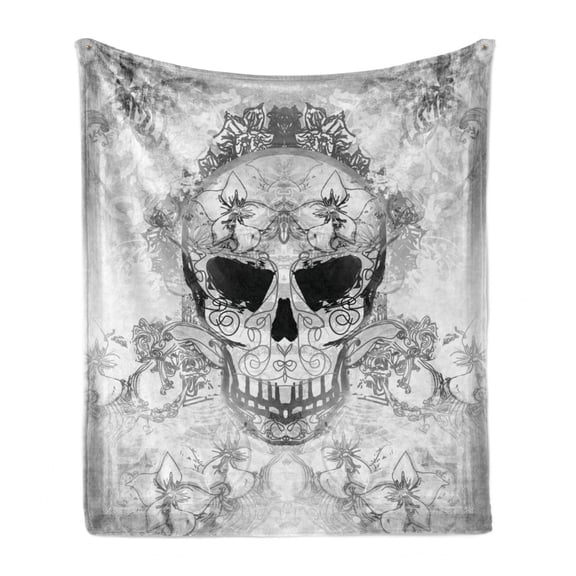 Day of the Dead Soft Flannel Fleece Throw Blanket, Skull with Oriental Paisley Motifs Celebration Print, Cozy Plush for Indoor and Outdoor Use, 50" x 70", Pale Grey and White, by Ambesonne