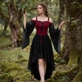 thumbnail image 5 of Witch Renaissance Costume Dress, Off Shoulder Gothic Witch High Low Dress, Flared Bell Sleeve Lace Up Renaissance Medieval Costume Dress for Halloween Cosplay Party, Deep Red L, 5 of 7