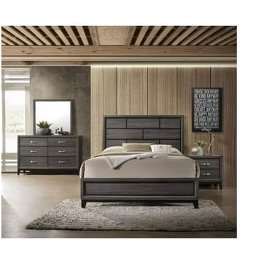 Contemporary 5pc King Size Bedroom Set Bed Dresser Mirror Nightstand Grey Finish Wooden Furniture Home