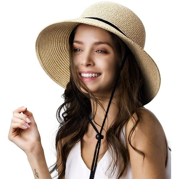 Womens Wide Brim Sun Hat with Wind Lanyard UPF Summer Straw Sun