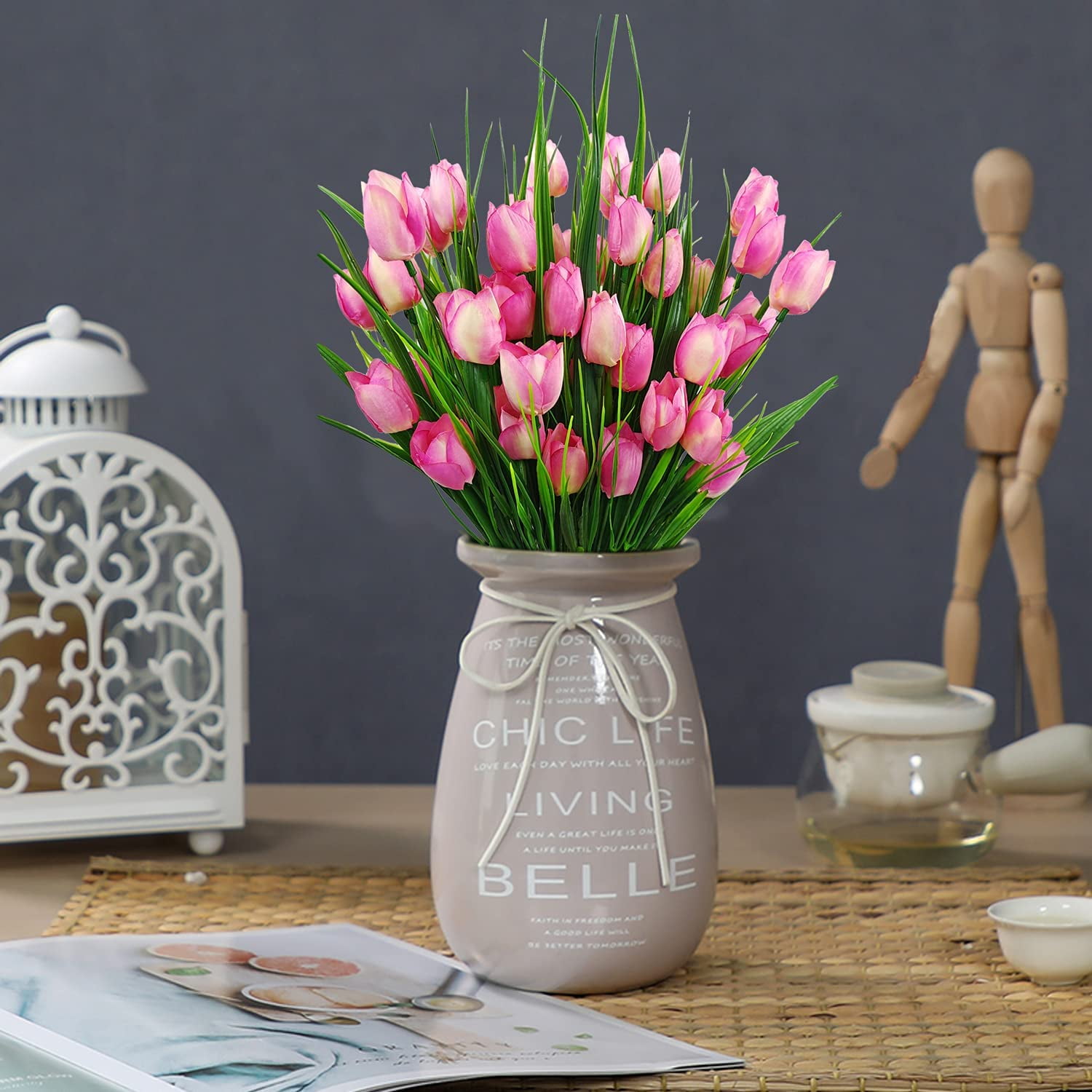 Outdoor Artificial Tulips Fake Flowers UV Resistant Faux Plastic Greenery Shrubs Plants for Home Outside Garden Porch Window Farmhouse Decor (Light Pink)