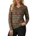 thumbnail image 3 of JWD Womens Long Sleeve T Shirts Western Henley Tops Ladies Cowboy Chic Graphic Tees Aztec Casual V Neck Loose Fit Blouse Brown Green Oxhead S, 3 of 6