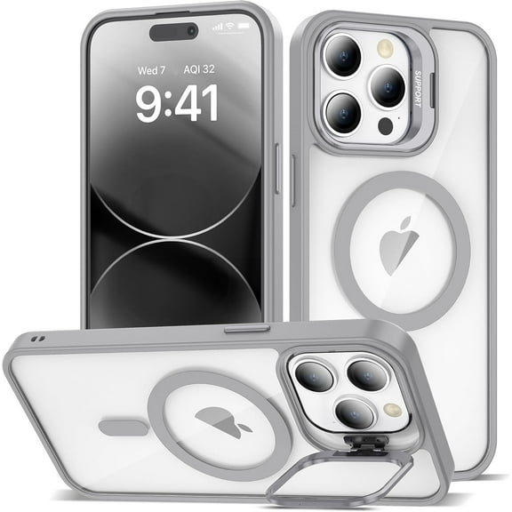 KOMI Magnetic Case for iPhone 14 Pro Max Case with Camera Stand [Compatible with MagSafe] [Military Drop Tested] Shockproof Slim Clear iPhone 14 Pro Max Phone Case for Women Men Gray