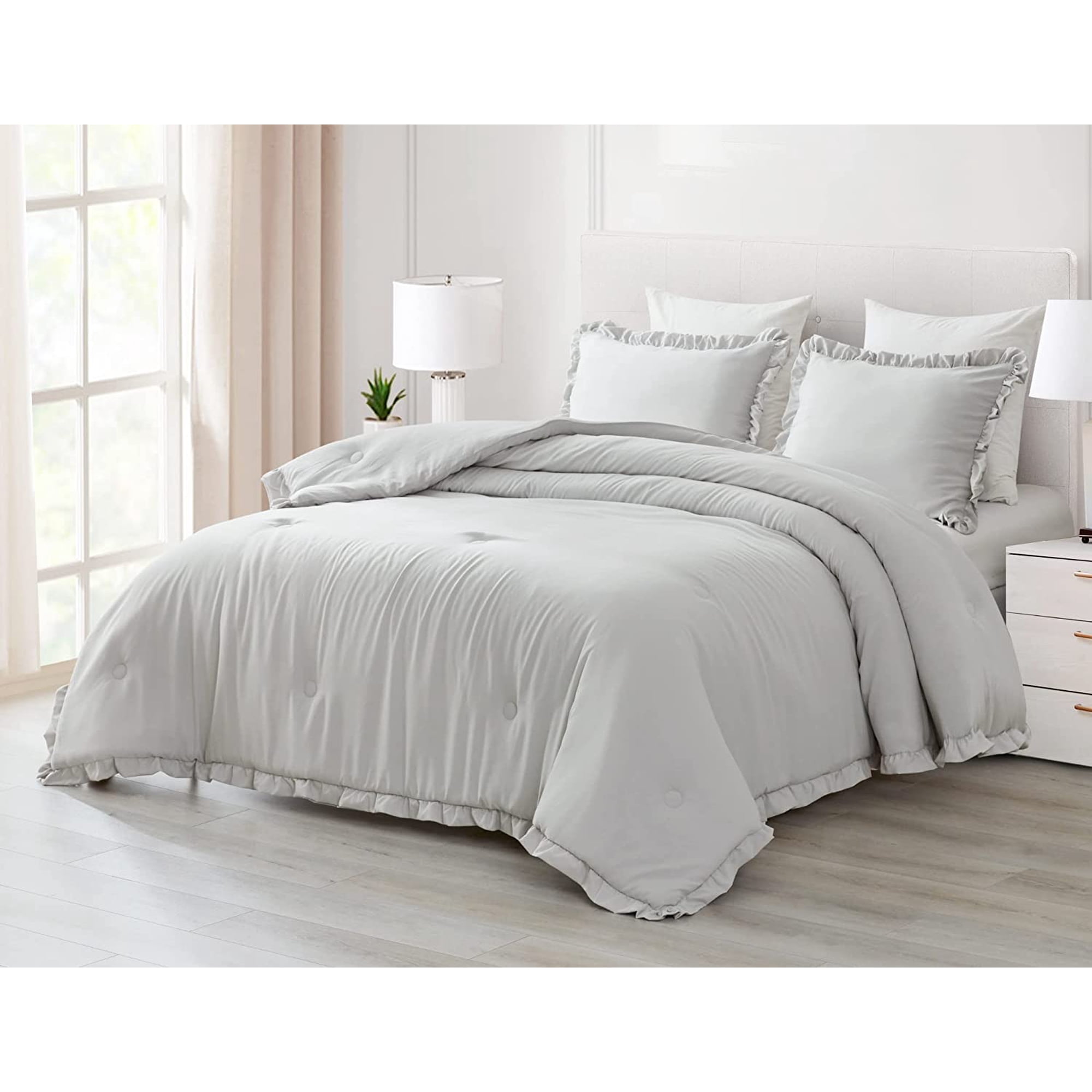 Chezmoi Collection Nora 3-Piece Light Gray Ruffled Edge Trim Microfiber Comforter Set, King Size