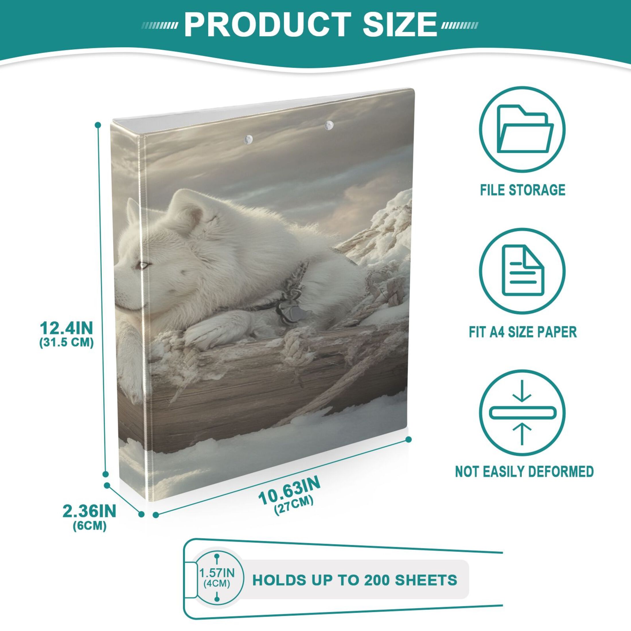 WOBOGO White Alaskan Dog File Folders Extra Large Capacity to Hold 200 Sheets of Documents Hard Shell Ring Binder for School Home Office
