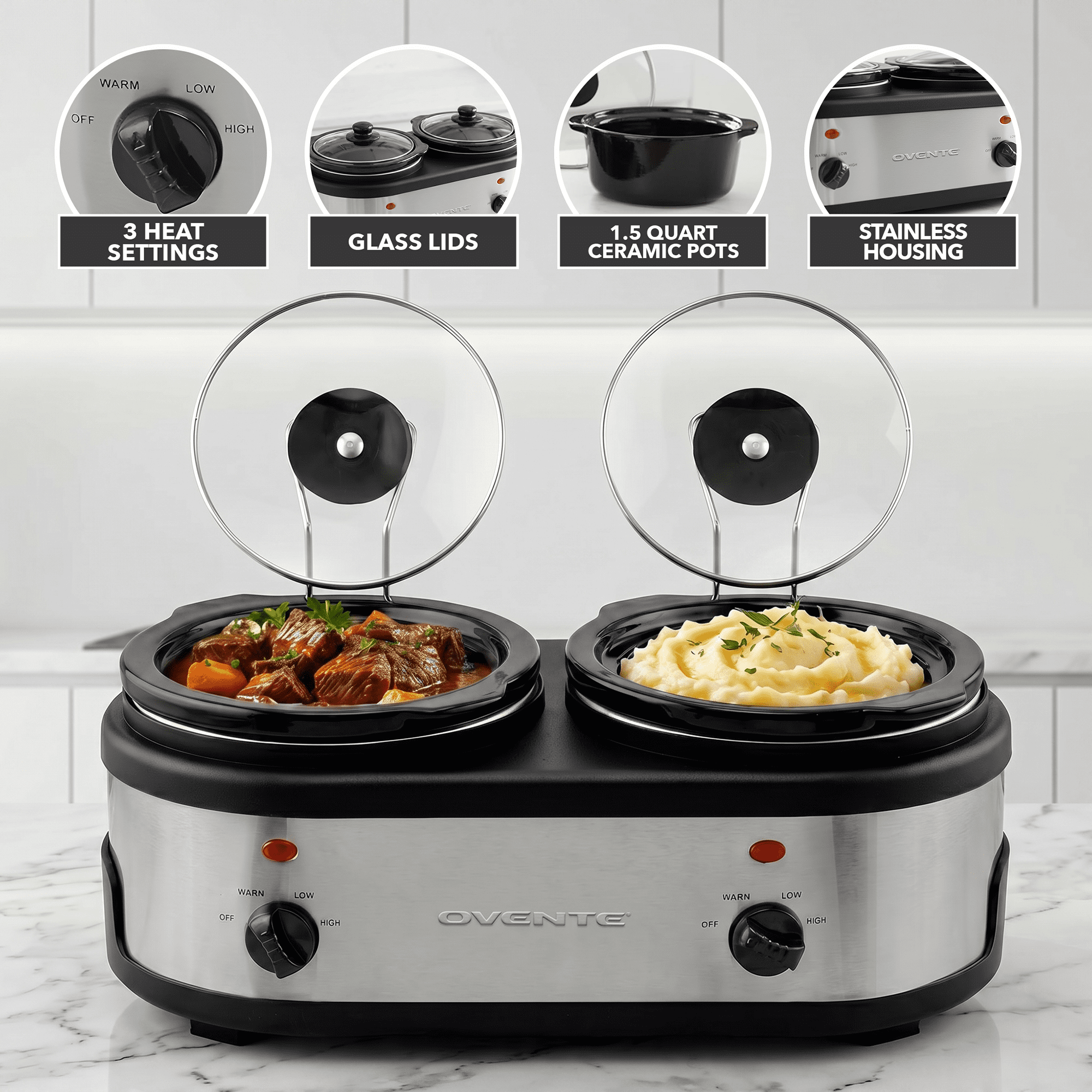 OVENTE Double Slow Cooker, Buffet Server and Warmer with Two 1.5Qt Removable Ceramic Pot, Adjustable Temperature Control and Tempered Glass Lid for Parties, Gatherings and Holidays, Silver SLO215BR