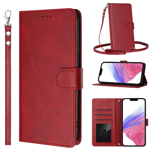 Wallet Case for iPhone 14, Premium PU Leather Flip Kickstand Case with Card Slots & ID Window, RFID Blocking Magnetic Closure,Crossbody Strap & Wrist Lanyard Phone Cover,Red