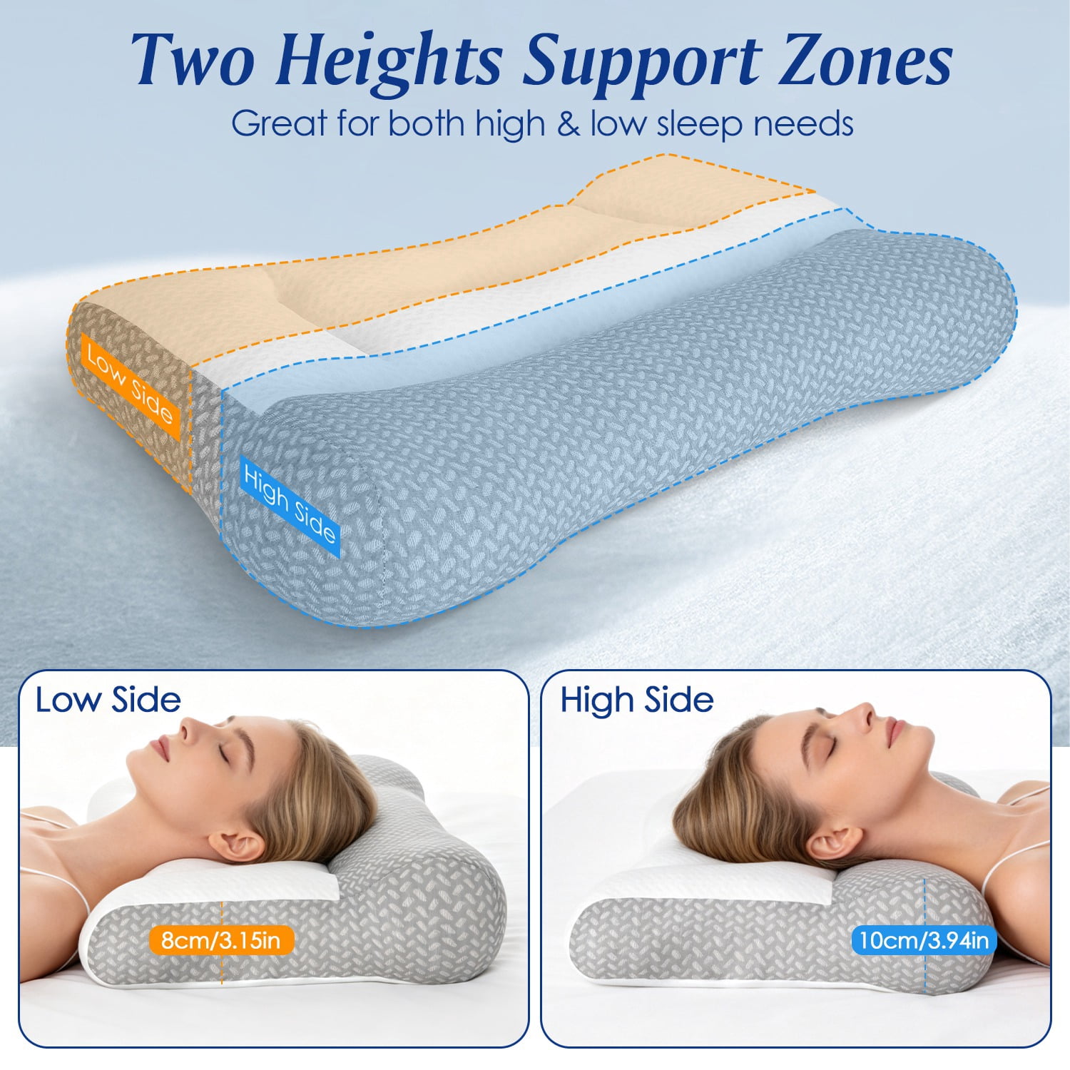 2 Pcs Breathable Mesh Ergonomic Sleep Pillow, Dual-Sided High & Low Zoned Support with Ear Slot, Down-Alternative Fiber Fill for Side Back Belly Sleepers