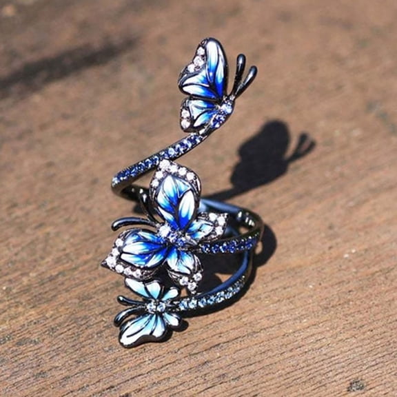 SmartBy Adjustable Ring Elegant Open-end Design Three Blue Butterflies Ring Jewelry for Party