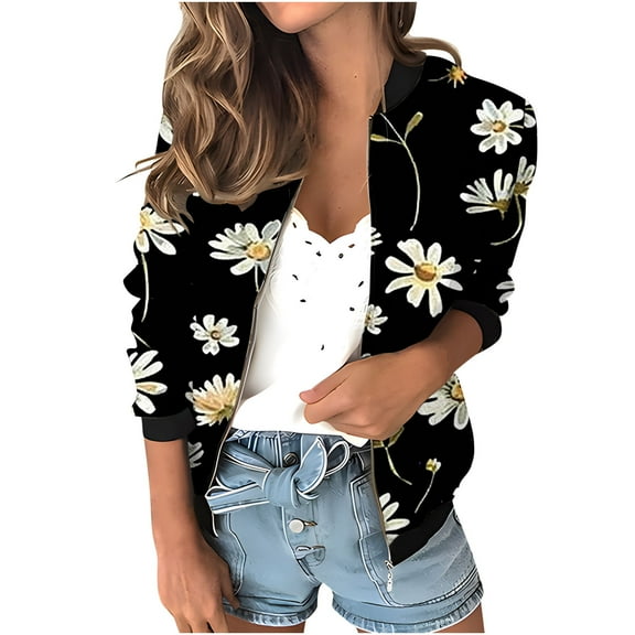 Womens Full Zip Bomber Jackets with Pockets Floral Print Long Sleeve Casual Fall Coat Outerwear Lightweight (XL, Black 02)