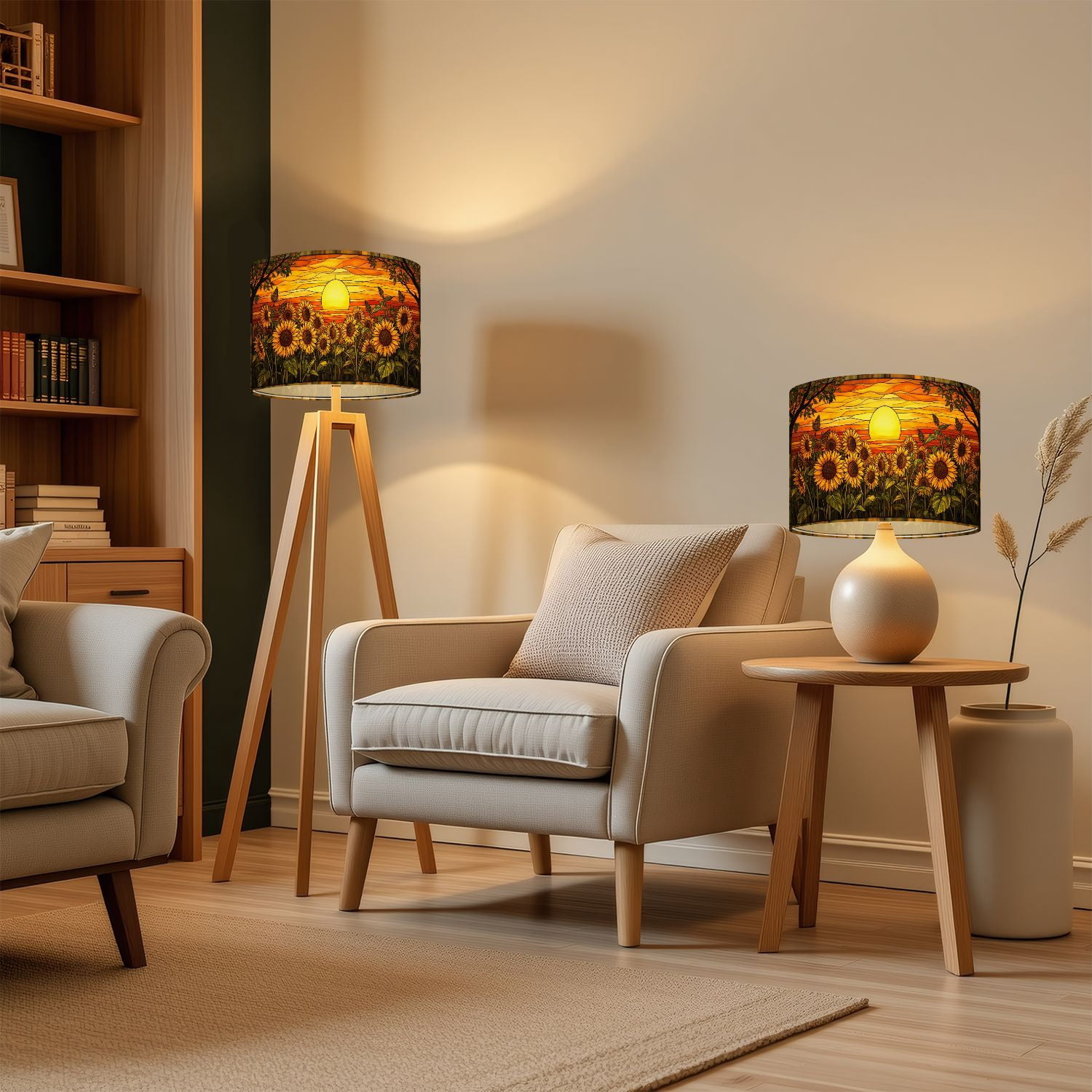 Lampshades 2 Pack Sunflower Field Sunset Stained Glass Warm Golden Sky Floral 13"x13"x10" Light Shade for Table Lamps Floor Lamp Shades Lampshade Replacement Easy Assembly