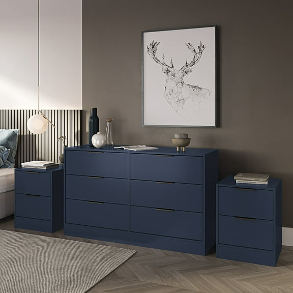 Kappesberg Fresno Modern 3-Piece Bedroom Set – 6-Drawer Dresser & Two 2-Drawer Nightstands – Blue - for Adults and Teens
