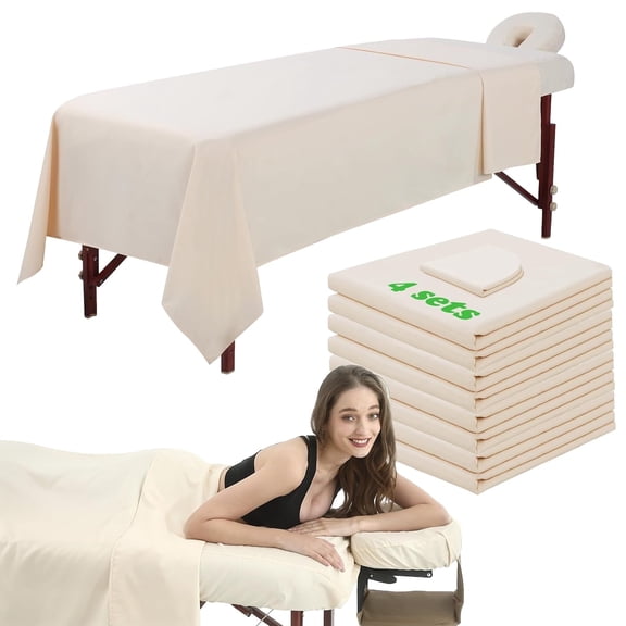 3 Piece Massage Table Sheets Set 4 Sets Microfiber Massage Bed Cover Soft Waterproof and Oil Proof Reusable for SPA Beauty Tattoos Includes Table Cover,Fitted Sheet and Face Rest Cover (Beige)