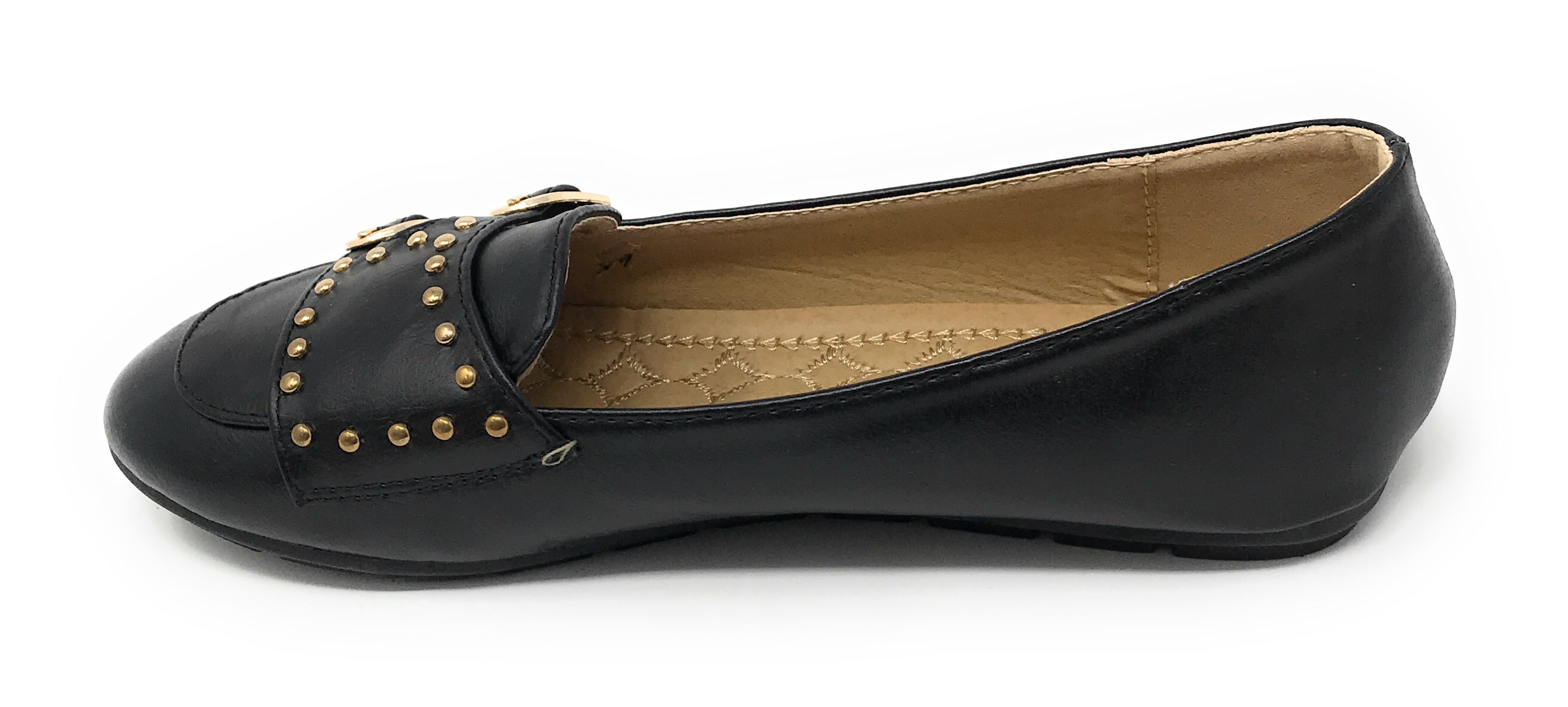 Victoria K Women's Double Buckles Gold Studs Ballerina Flats