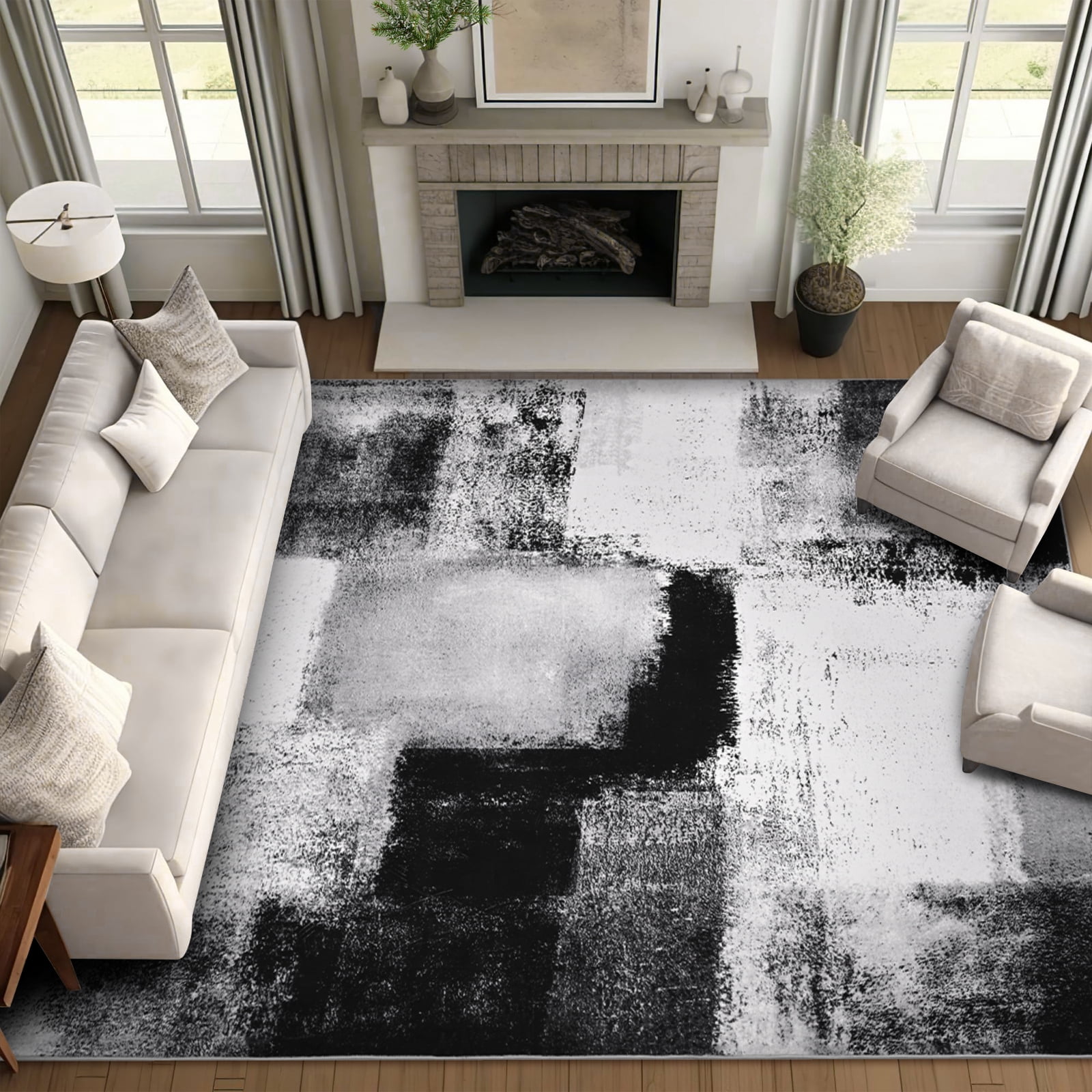 Bleum Cade Modern Abstract Area Rugs 6x9,Large Rugs for Living Room, Machine Washable Rug Indoor Rugs for Bedroom, Non-Slip Low-Pile Soft Carpet for Bedroom, Dining Room Office,Black