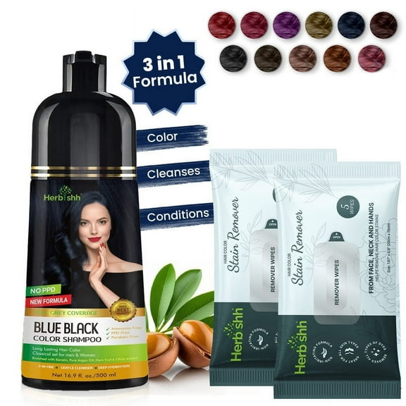 Herbishh Blue Black PPD-Free Hair Color Shampoo for Gray Hair with stain remover(2), Hair Dye Shampoo 3 in 1, 100% Gray Coverage, Permanent Hair Color for Men & Women, Ammonia-free, 500 ml