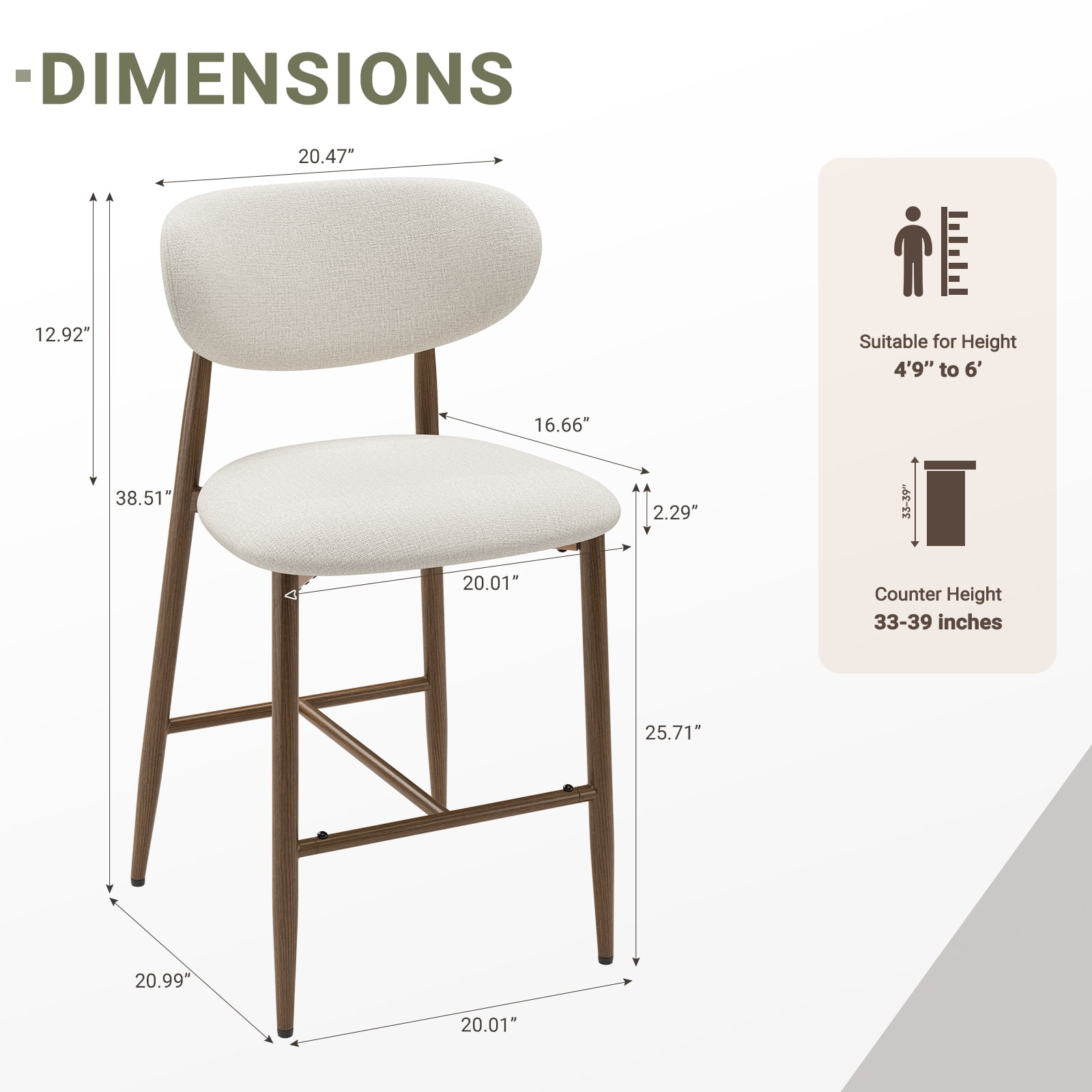 AFO Counter Height Bar Stools Set of 4, Modern Upholstered Kitchen Island Chairs with Back, Wood Grain Metal Legs, Beige