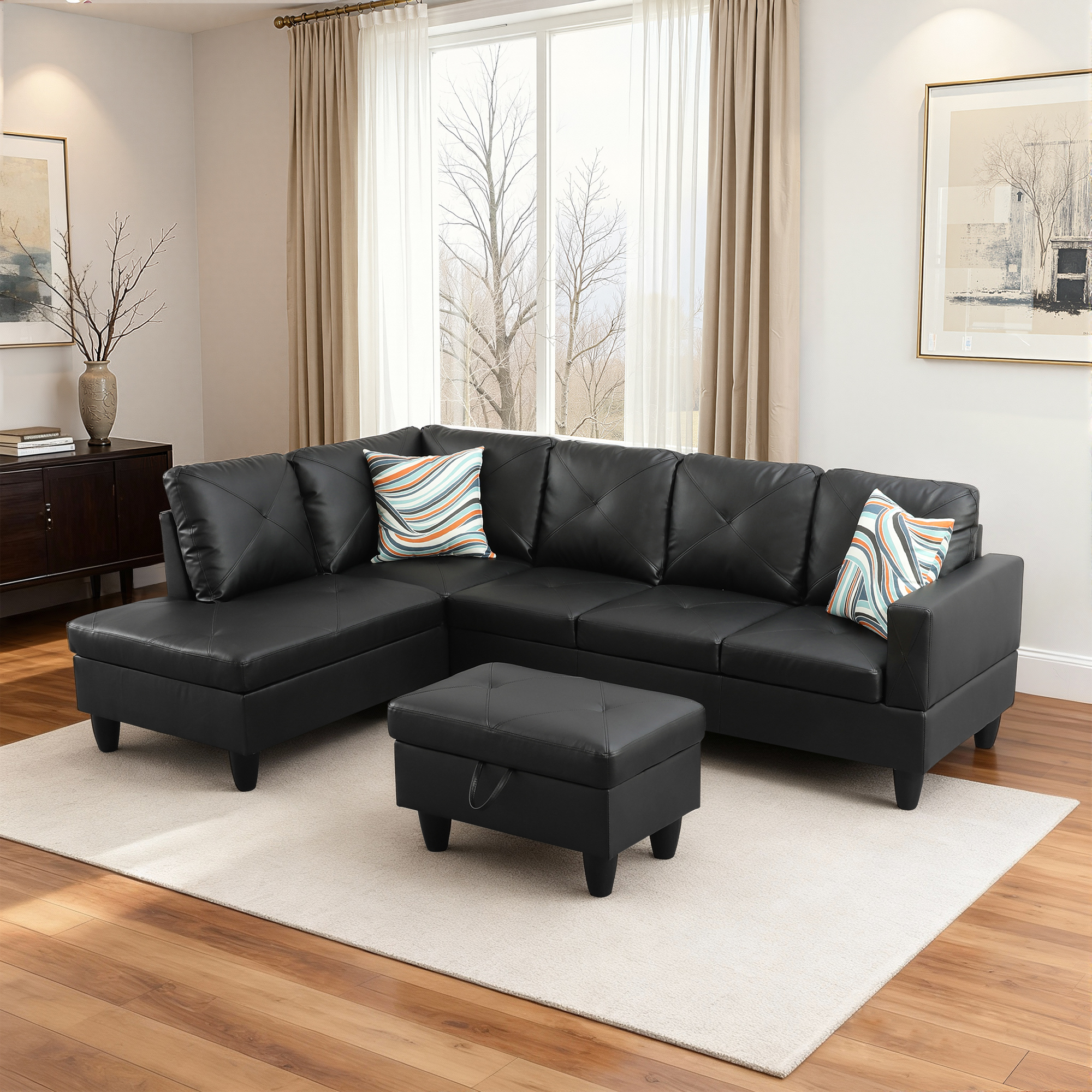 MAYEERTY 97" Faux Leather Sectional Couches, 3-Piece Modular Sofa Set with Reversible Chaise & Storage Ottoman, Black (Left)