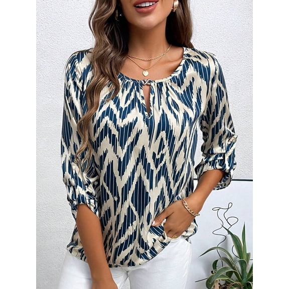 Women's Geometric Print Blouse Keyhole Neck Tab Sleeve Ruffle Cuff Loose Fit Top for Spring Fall Layering Office Commute Vacation Daily Outfits
