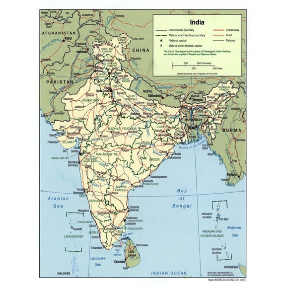Palmetto Posters 24x31 Laminated Poster: Large scale political and administrative map of india with roads railroads and major cities