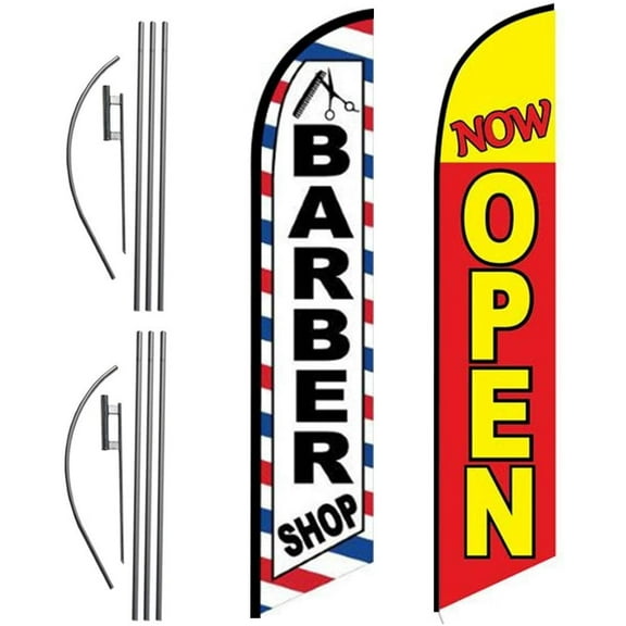 FFN Barber Shop and Yellow Now Open 15ft Outdoor Advertising Feather Swooper Banner Flag Kit Sign with Ground Stake & Flagpole, Open Signs for Barbers