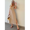 thumbnail image 6 of Women's Khaki Stripe Maxi T-Shirt Dress – Casual Short Sleeve with Side Slit for Summer Days, XL, 6 of 8