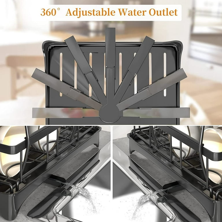 Dish Drying Rack, Lampao 2 Tier Large Dish Rack and Drain Board Set for Kitchen Counter, Black, Size: 36x24.5x37.5cm