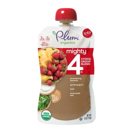 (4 pack) Plum Organics Mighty 4 Blends Strawberry Banana, Greek Yogurt, Kale, Oat & Amaranth, (Best Organic Yogurt For Babies)