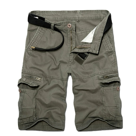 Lovskoo Cargo Shorts for Men Casual Solid Color Trendy Zipper Button Pockets Cropped Cargo Shorts Gray