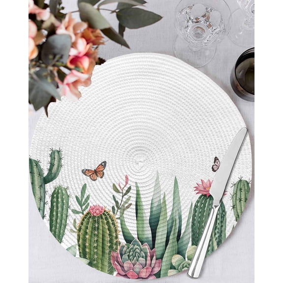 13 Inch Round Placemats Set of 4, Green Cactus Non Slip Heat Insulation PP Table Mats, Tropical Summer Botanical Watercolor Washable Place Mats for Kitchen Dining Party Table Decor