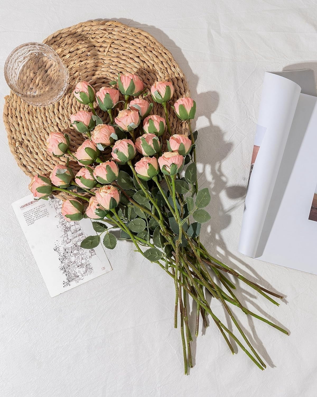 24pcs Artificial Vintage Roses Fake Silk Rose Flowers with Long Stem for DIY Bouquets Wedding Centerpiece Party Home Kitchen Decoration(Cream Pink)