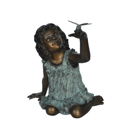 Girl Playing With Butterfly Bronze Statue – Modern Hand-Cast Decorative Sculpture, Elegant Art Piece for Home & Garden Decor, Captivating Design, 21"L x 15"W x 19"H