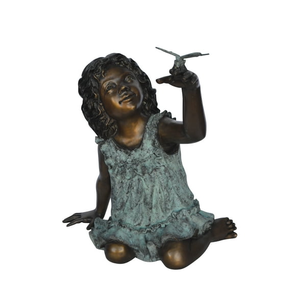 Girl Playing With Butterfly Bronze Statue – Modern Hand-Cast Decorative Sculpture, Elegant Art Piece for Home & Garden Decor, Captivating Design, 21"L x 15"W x 19"H