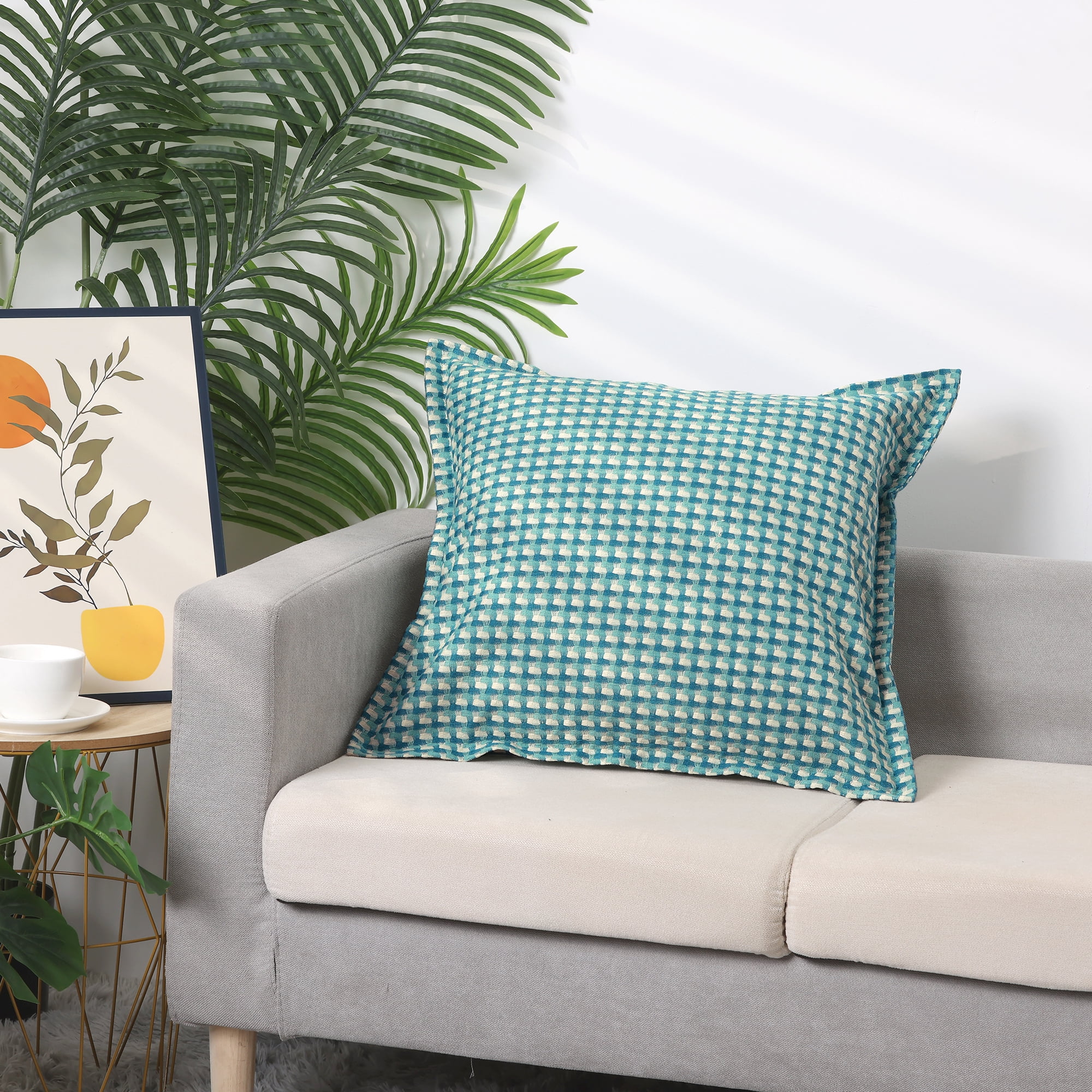 Unique Bargains 2 Pcs Plaid Pillow Covers Square Cushion Covers Decorative Pillow Cases Blue Grid 18" x 18"/12" x 20"