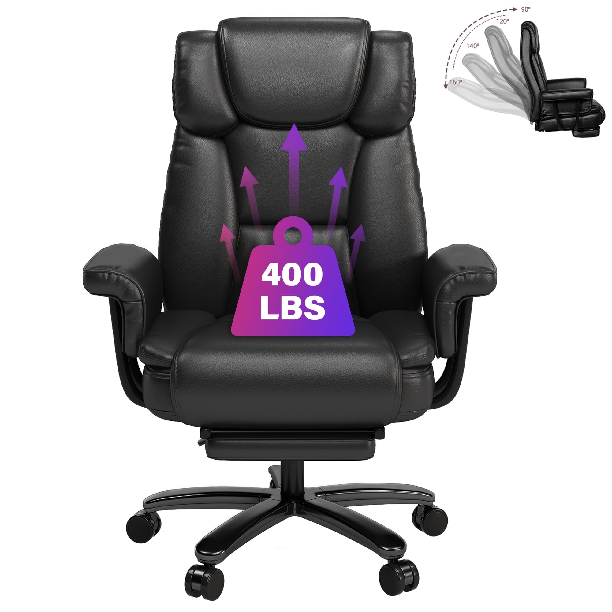 Ninecer High Back Executive Office Chair, Big and Tall PU Leather Office Chair, Heavy Duty Computer Desk Chair, Reclining Office Chair with Footrest 400lbs, Black