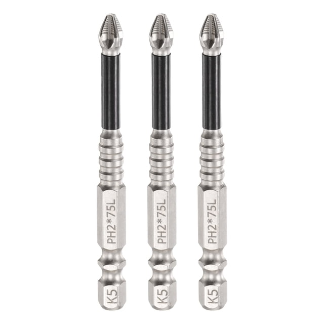 Juego de 3 puntas de destornillador Phillips PH2 (#2) antideslizantes, vástago hexagonal de 1/4" y 3" (75 mm) de longitud, destornillador magnético para taladros industriales.