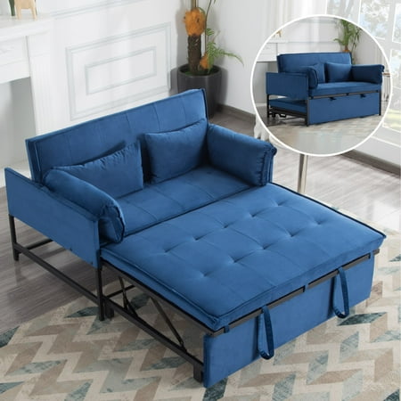 BSHTI 46 inch Convertble Sleeper Sofa Bed,Black Velvet Upholstered Sleeper Couch,Pull-out Sofa Bed,for Home,Office,and Guest Room(Navy Blue)