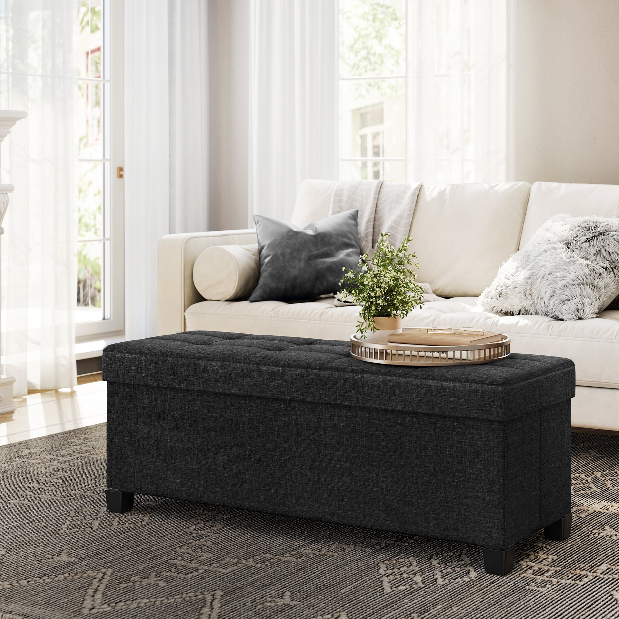 LEDREM 43" Storage Ottoman Bench with 660lb Capacity, End of Bed Bench, Folding Ottoman with Storage, Footrest, Ink Black