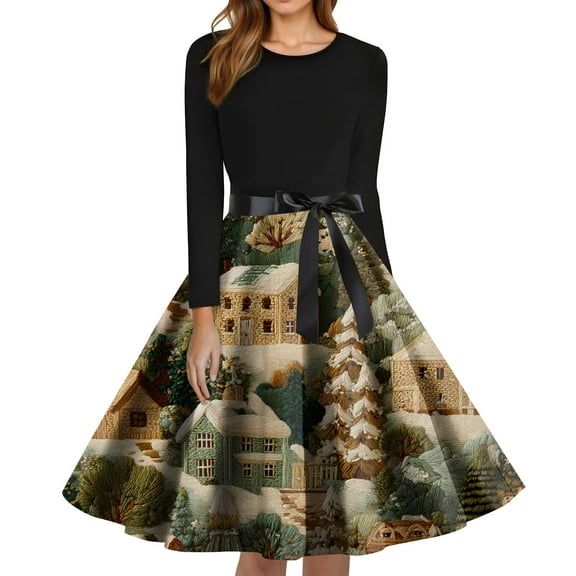 Christmas Dresses for Women Women's Fashion Round Neck Slim-Fit Christmas Print Long-Sleeved Dress for Christmas Party,Army Green,L