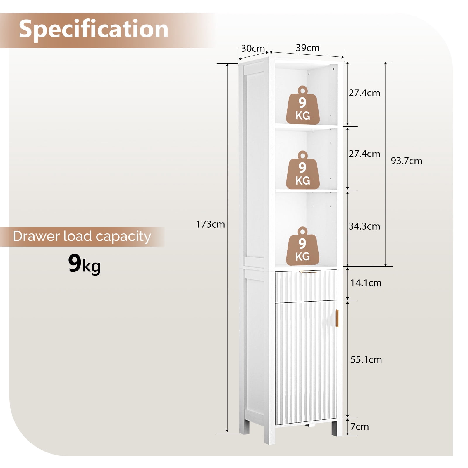 Ktaxon Fluted Bathroom Storage Cabinet Narrow Tall, Freestanding Cabinet Storage Tower with Grille Single Door and One Drawer, White