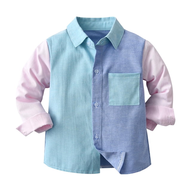 Besolor Children's Button down Shirts Kids Color Block Lapel Long Sleeve Fall Spring Tops for Boys Girls 3-8 Years