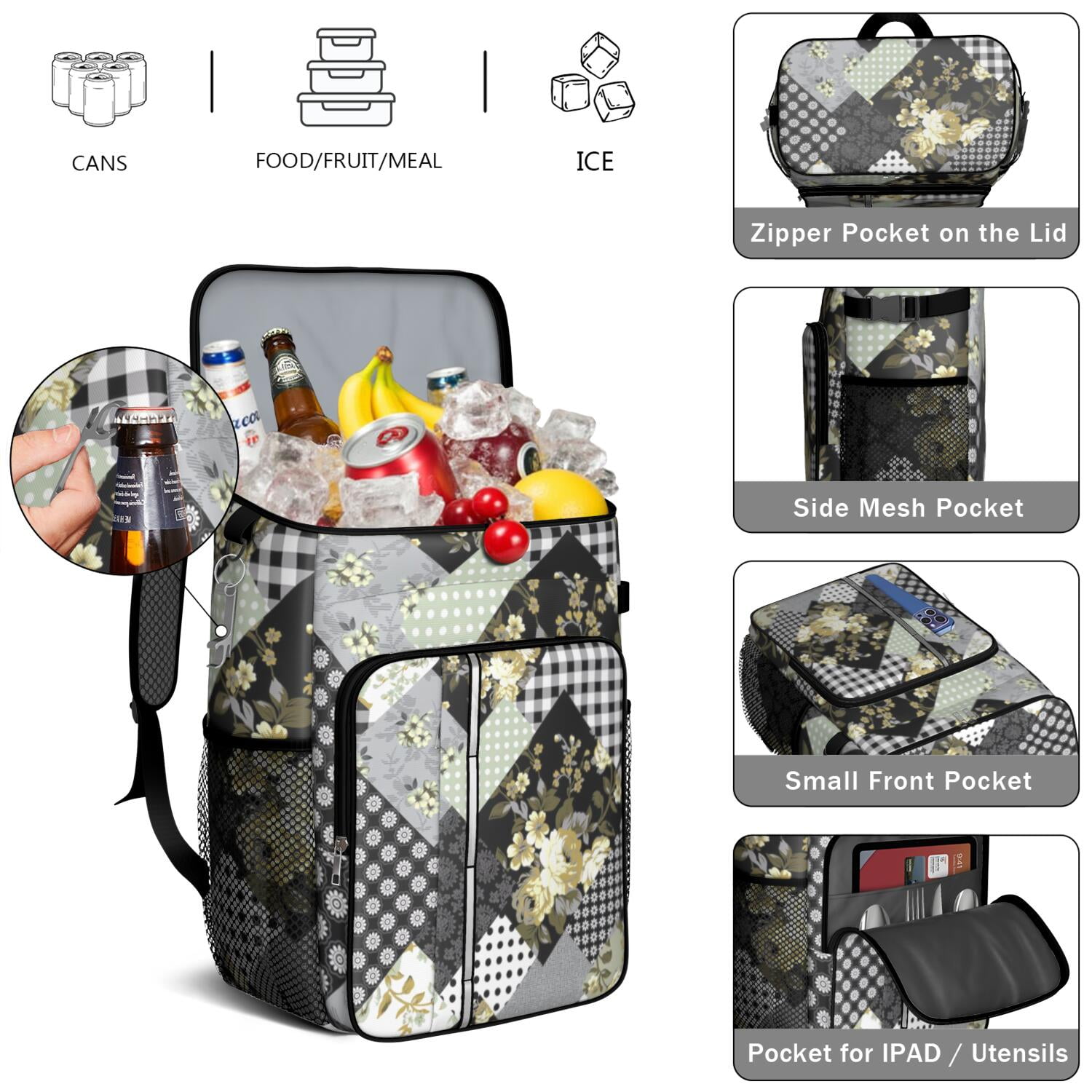Travel Cooler Bag - Pioneer Flower Floral Print Pattern Camping Beer Cooler Backpack with Bottle Opener- Waterproof Insulated Picnic Backpacks - Cooler Bag for Beach