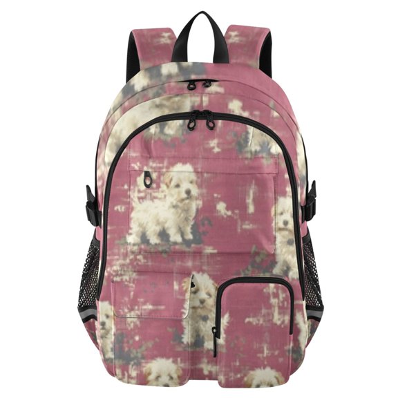 DIXRUYEE Red - Background Puppy Pattern Backpack for School 14”Laptop Compatible with Reflective Safety Strips