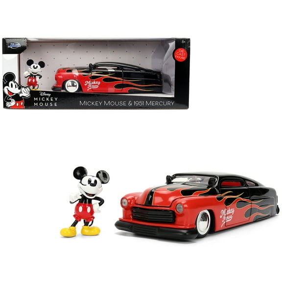 1951 Mercury Coupe Black with Flame Graphics and Red Interior and Mickey Mouse Diecast Figure "Disney's Mickey Mouse" "Hollywood Rides" Series 1/24 Diecast Model Car by Jada