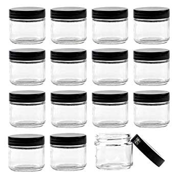 Bekith 15 pack 2oz Round Jar Straight Sided Clear Glass Jars Airtight Glass Jar with Black Plastic Smooth Lids