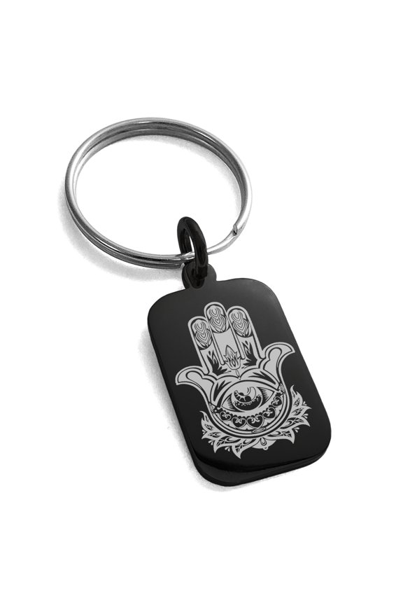 Stainless Steel Floral Hamsa Hand of Fatima Engraved Small Rectangle Dog Tag Charm Keychain Keyring