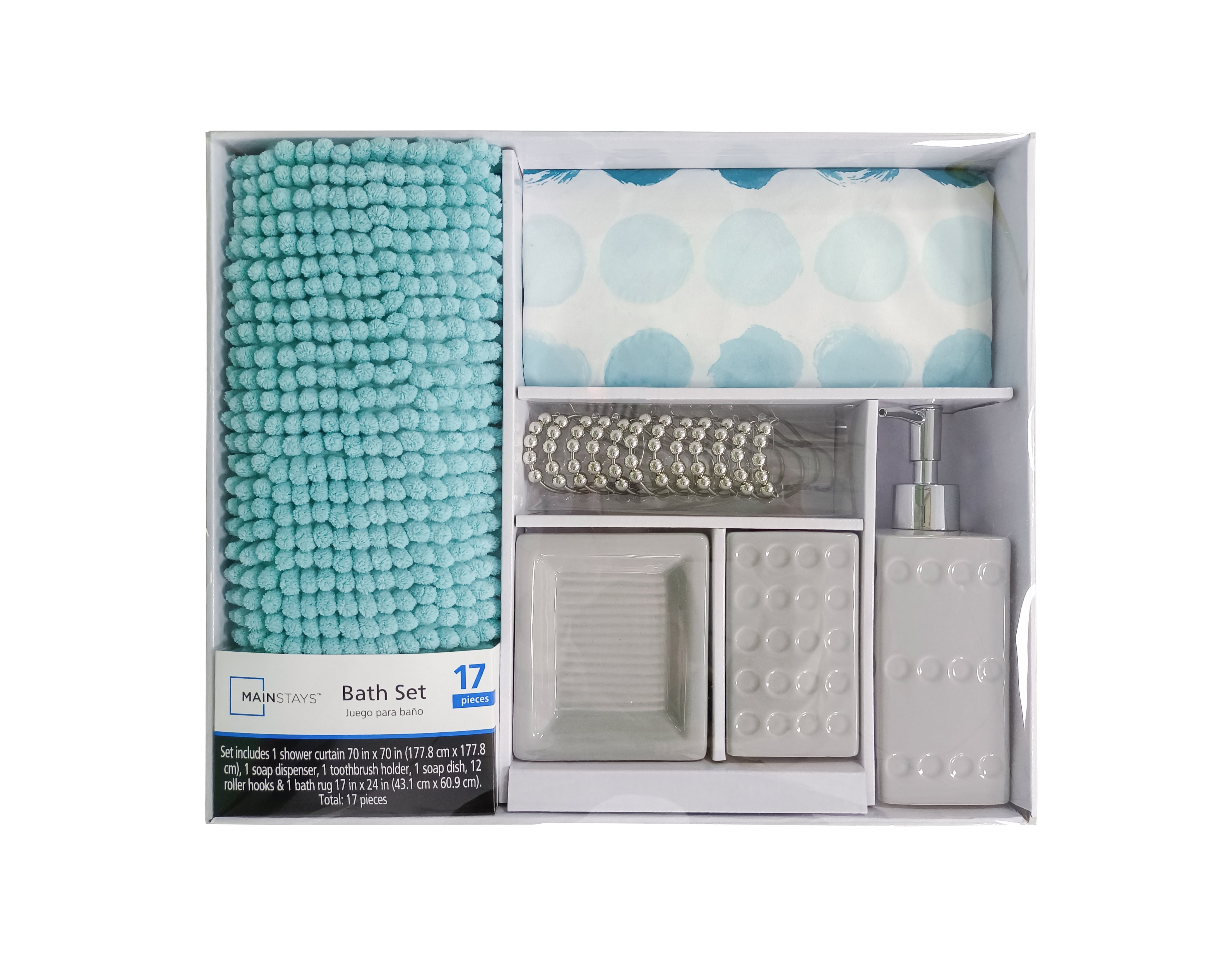 Mainstays 17-Piece Polka Dot Polyester/Ceramic Shower Curtain & Bathroom Accessory Set, Multi-Color