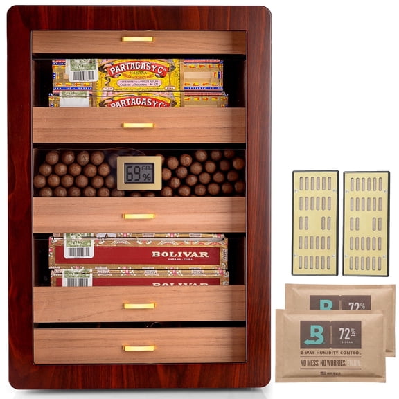 Marvero Cigar Humidors, 300 Count Cigar Humidor Cabinet, Spanish Cedar Wood, Digital Hygrometer, Multi-Drawer Storage, Glass Display Desktop Humidor Box for Men, Home & Office